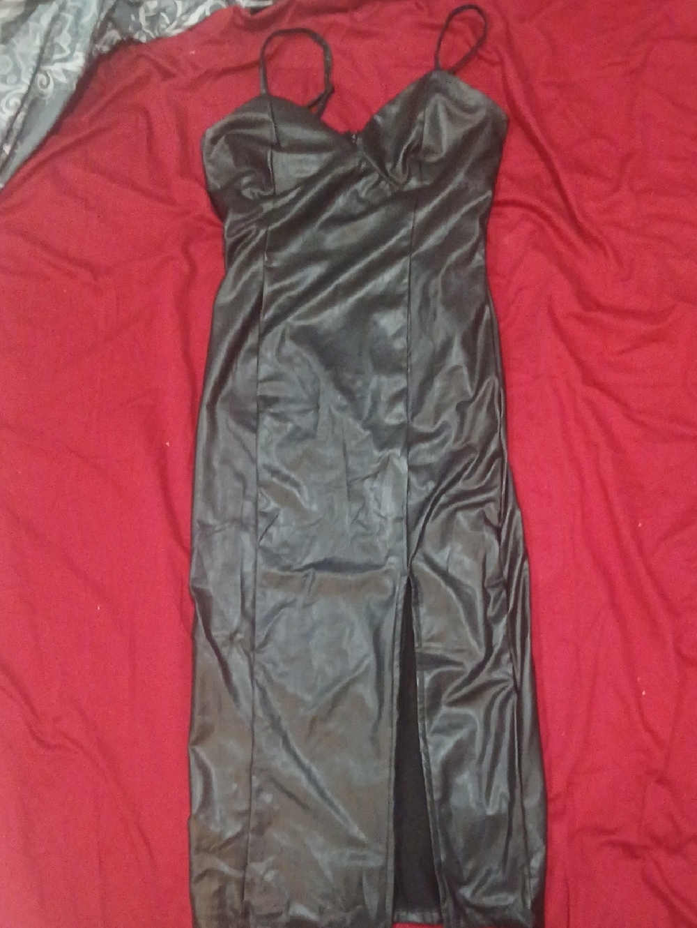 Almost Famous Black Faux Leather Maxi Slip Dress with Side Slit